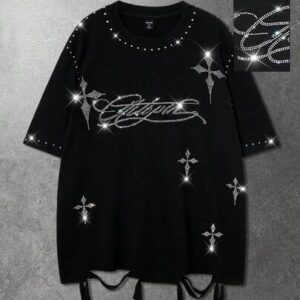 Goth Men's Street American Cross Rhinestone Distressed Hem Short Sleeve T-Shirt