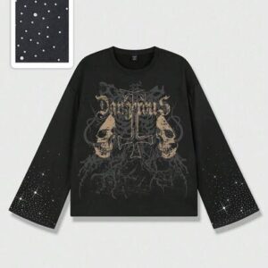 Goth Men's Street Fashion Rhinestone Skull Graphic Crew Neck Long Sleeve T-Shirt
