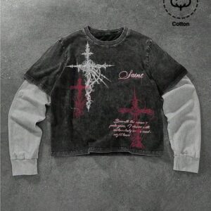 Goth Spring Casual Graphic Men'S Casual Vintage Contrast Color Slogan & Cross Print 2 In 1 T-Shirt