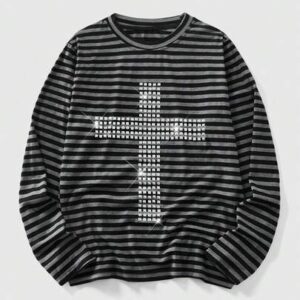 Goth Spring Casual Graphic Men'S Striped Rivet Cross Slim Fit Long Sleeve T-Shirt