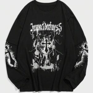 Goth Spring Casual Graphic Men Cross Letter Graphic Tee For Halloween, School, For Fall, Long Sleeve Top