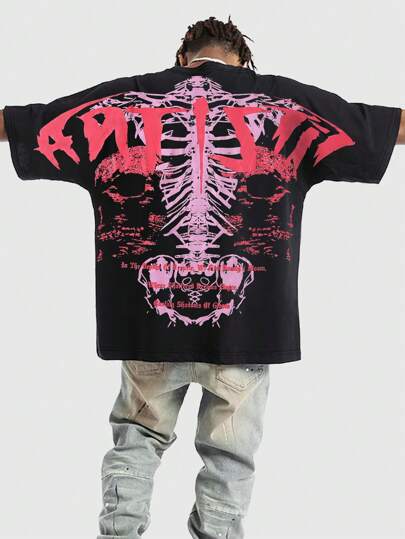 Goth Spring Casual Graphic Pink Men'S Fashion Skull Logo Printed T-Shirt, Summer, 2000S Style