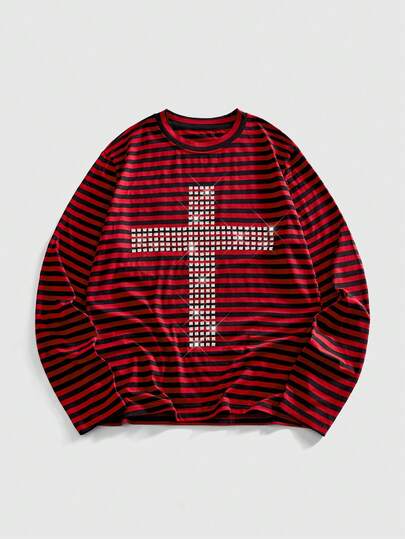 Goth Spring Casual Graphic Red Men'S Striped Rivet Cross Slim Fit Long Sleeve T-Shirt