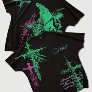 Goth Spring/Summer Casual Graphic Men'S Batwing Sleeve Printed Short Sleeve Cross T-Shirt, Suitable For Everyday Wear In Spring/Summer