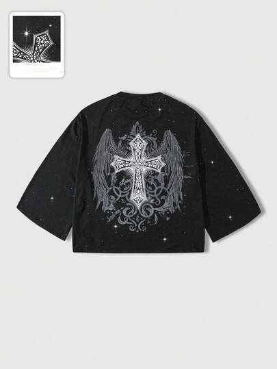 Goth Spring/Summer Casual Graphic Men'S Casual Cross & Wing Rhinestone Decor Round Neck 3/4 Sleeve T-Shirt