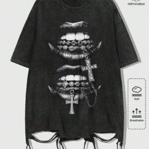 Goth Spring/Summer Casual Graphic Men'S Casual Fashion Street Lip Bite Cross Rhinestone Print Loose Washed T-Shirt, Summer