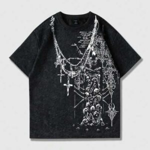 Goth Spring/Summer Casual Graphic Men'S Casual Fashionable Street Skeleton & Cross Print Washed Short Sleeve T-Shirt, Suitable For Summer