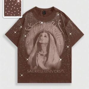 Goth Spring/Summer Casual Graphic Men'S Virgin Mary Rhinestone Embellished Short Sleeve T-Shirt, Suitable For Everyday Wear, Spring/Summer