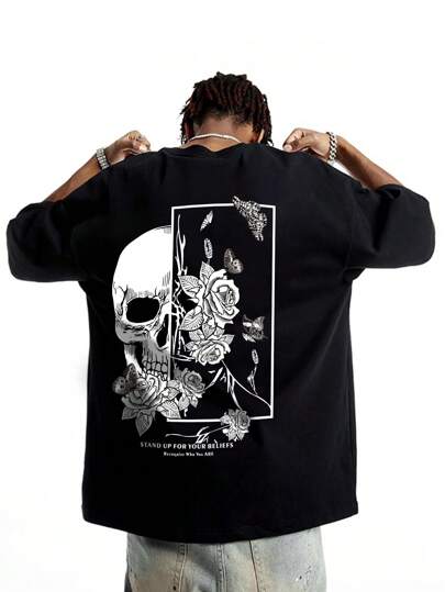Goth Spring/Summer Casual Graphic Men Cotton Butterfly & Skull Print Tee, School