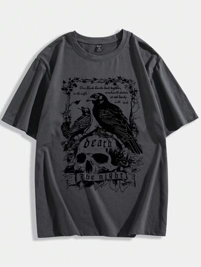 Goth Spring/Summer Casual Graphic Men Cotton Skull & Slogan Graphic Tee, School