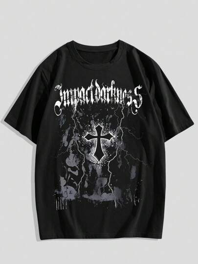 Goth Spring/Summer Casual Graphic Men Cross Letter Graphic Tee For Halloween, School, 2000S Style