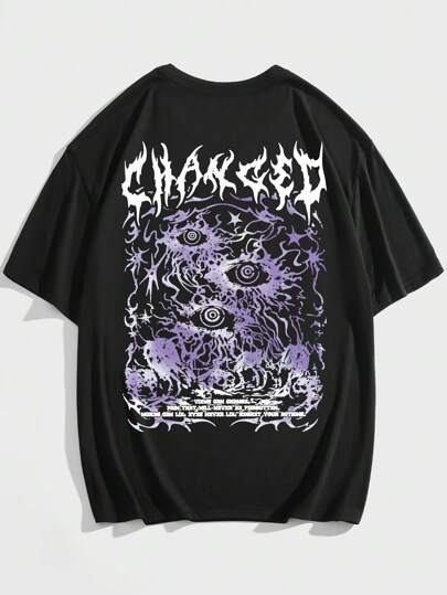 Goth Spring/Summer Casual Graphic Men Eye Skull & Letter Graphic Tee, School, 2000S Style