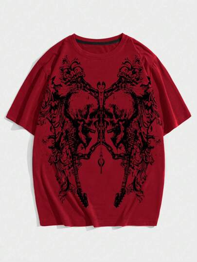 Goth Spring/Summer Casual Graphic Red Men Round Neck Short Sleeve T-Shirt With Graphic Print, School