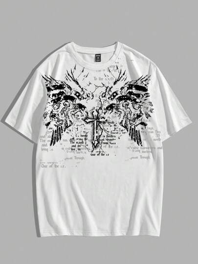 Goth Spring/Summer Casual Graphic White Men'S Cross & Slogan Printed Short Sleeve T-Shirt For Halloween, School, 2000S Style
