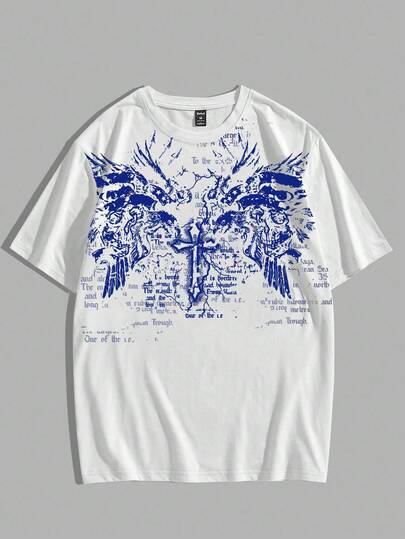 Goth Spring/Summer Casual Graphic White Men'S Round Neck Cross & Wing Print Casual Everyday Short Sleeve T-Shirt