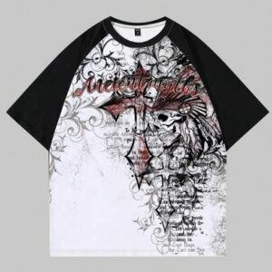 Goth Spring/Summer Casual Graphic White Men'S Skull Pattern Round Neck Short Raglan Sleeve T-Shirt With Slogan Print, School, 2000S Style