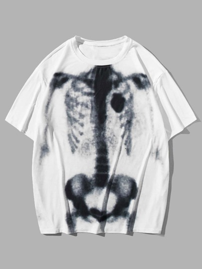 Goth Spring/Summer Casual Graphic White Men Skeleton Print Tee For Halloween, School
