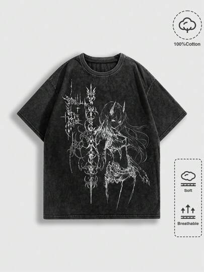 Goth Summer Casual Graphic Men'S Anime Washed Round Neck Short Sleeve T-Shirt, Fashion Summer Wear, 2000S Style