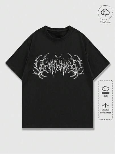 Gothic Print Round Neck Short Sleeve Casual Versatile T-Shirt For Men