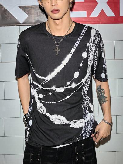 Grunge Punk Men's Casual Chain Print Short Sleeve T-Shirt, Summer
