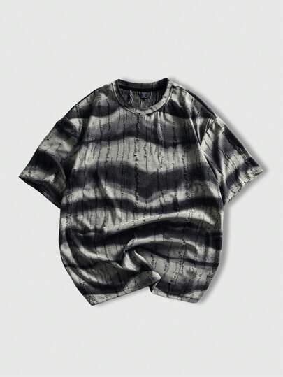 Grunge Punk Men's Casual Fashion Street Ombre Print Ripped Short Sleeve T-Shirt, Summer