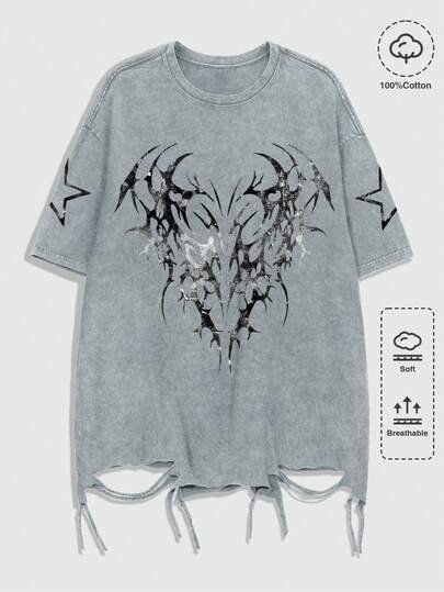 Grunge Punk Men's Minimalist Printed Round Neck Short Sleeve Casual T-Shirt