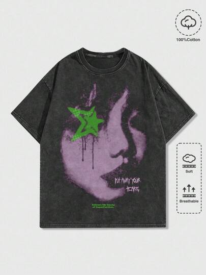 Grunge Punk Men's Portrait & Acid-Washed Short Sleeve T-Shirt, Suitable For Spring/Summer Everyday Wear, 2000s Style