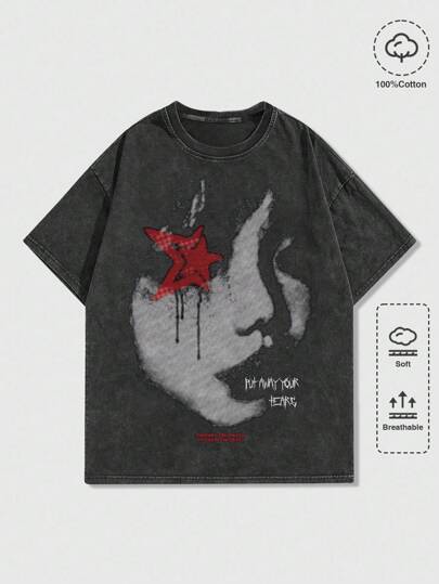 Grunge Punk Men's Portrait & Acid-Washed Short Sleeve T-Shirt, Suitable For Everyday Wear In Spring/Summer