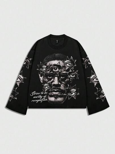 Grunge Punk Men's Retro Figure Graphic Loose Cropped Long Sleeve T-Shirt, For Fall, 2000s Style