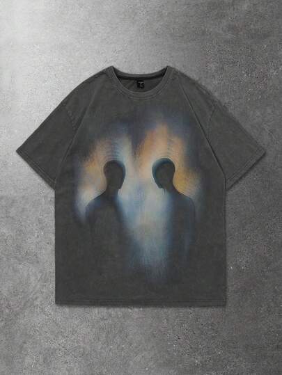 Grunge Punk Men's Round Neck Short Sleeve Casual Shadow Print T-Shirt