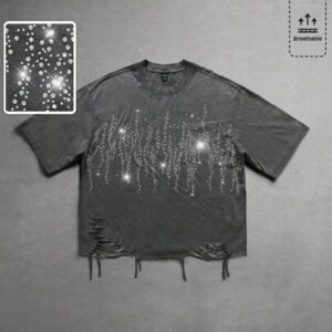 Grunge Punk Men's Street Style Distressed Diamond Embellished Washed T-Shirt