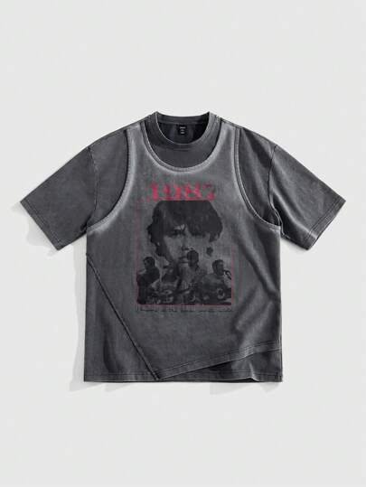 Grunge Punk Men's Vintage Washed Casual Portrait And Letter Print Short Sleeve T-Shirt, Summer
