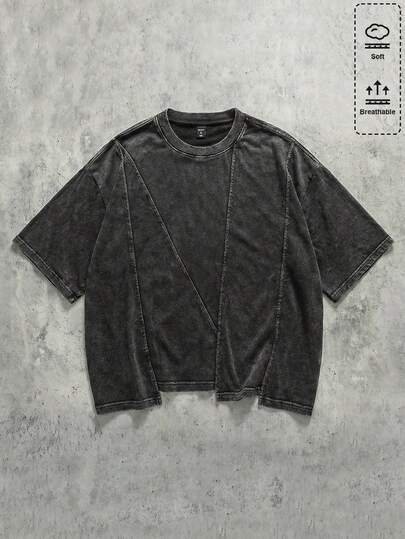 Grunge Punk Men's Washed Distressed Crew Neck Casual Short Sleeve T-Shirt