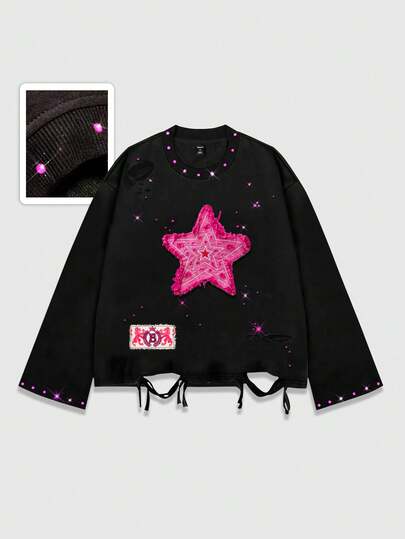 Grunge Punk Spring Casual Graphic Distressed Vintage Punk Patch Embroidery Oversized Long Sleeve T-Shirt For Men, Fall, 2000S Style