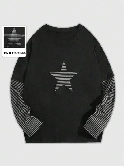 Grunge Punk Spring Casual Graphic Men Striped & Star Print 2 In 1 Tee, School, For Fall, Long Sleeve Top