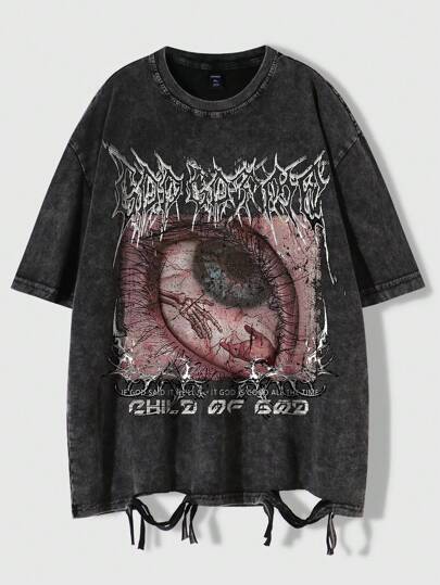 Grunge Punk Spring/Summer Casual Graphic Goth Men'S Ripped T-Shirt With A Detailed Eye Graphic, Halloween, 2000S Style