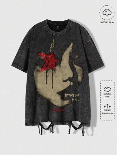 Grunge Punk Spring/Summer Casual Graphic Men'S Round Neck T-Shirt With Portrait Print And Distressed Detailing, Suitable For Daily Wear In Spring And Summer, School, 2000S Style
