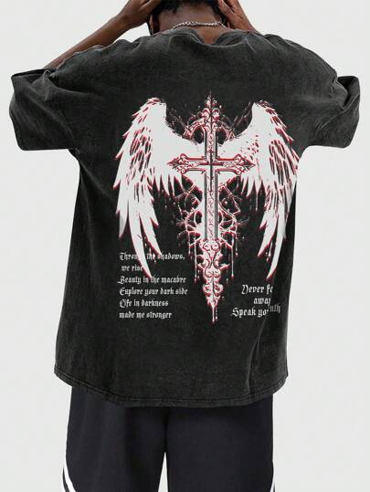 Grunge Punk Spring/Summer Casual Graphic Men High Street Vintage Distressed Snow-Washed Round Neck T-Shirt, Perfect For Casual Daily Wear In Spring And Summer, School