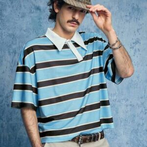 Men's Asymmetrical Collar Striped Short Sleeve Casual T-Shirt