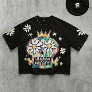 Men's Casual Beaded Floral Print Short Sleeve T-Shirt, Summer