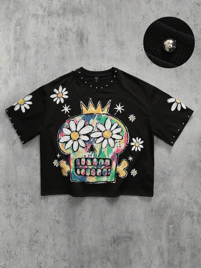 Men's Casual Beaded Floral Print Short Sleeve T-Shirt, Summer