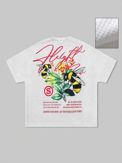 Men's Casual Bee & Letter Print Short Sleeve T-Shirt, Suitable For Spring & Summer