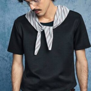 Men's Casual Contrast Stripe Pattern Short Sleeve Black T-Shirt, Suitable For Daily Commute In Summer
