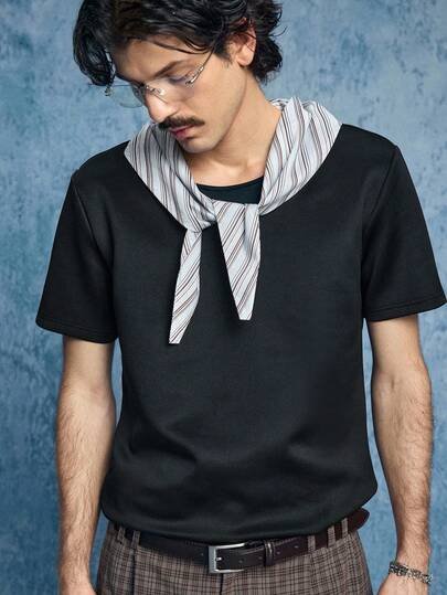 Men's Casual Contrast Stripe Pattern Short Sleeve Black T-Shirt, Suitable For Daily Commute In Summer
