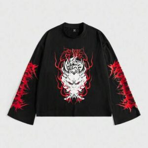 Men's Casual Dark Anime Graphic Round Neck Long Sleeve T-Shirt, Emo, 2000s Style