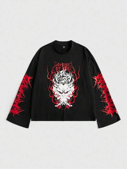 Men's Casual Dark Anime Graphic Round Neck Long Sleeve T-Shirt, Emo, 2000s Style