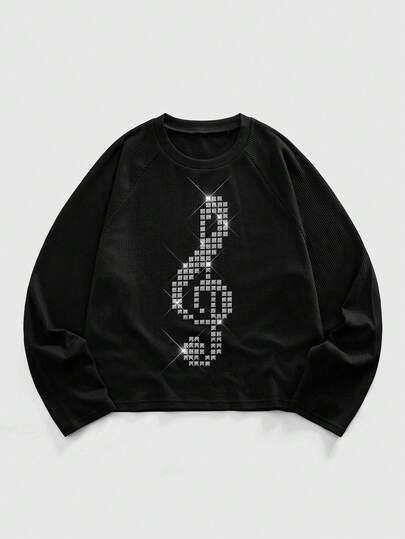 Men's Casual Fashion Music Festival Rivet & Note Pattern Raglan Sleeve Waffle Fabric T-Shirt, Spring/Autumn