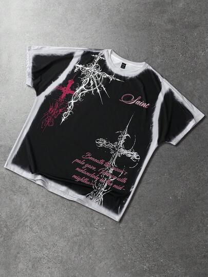 Men's Casual Fashion Street Punk Style Cross & Slogan Print Washed Short Sleeve T-Shirt, Summer
