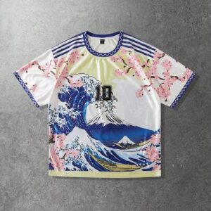 Men's Casual Fashion Street Wave & Sakura Floral Numeric Print Contrast Stripe Short Sleeve T-Shirt, Summer