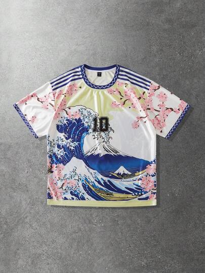 Men's Casual Fashion Street Wave & Sakura Floral Numeric Print Contrast Stripe Short Sleeve T-Shirt, Summer